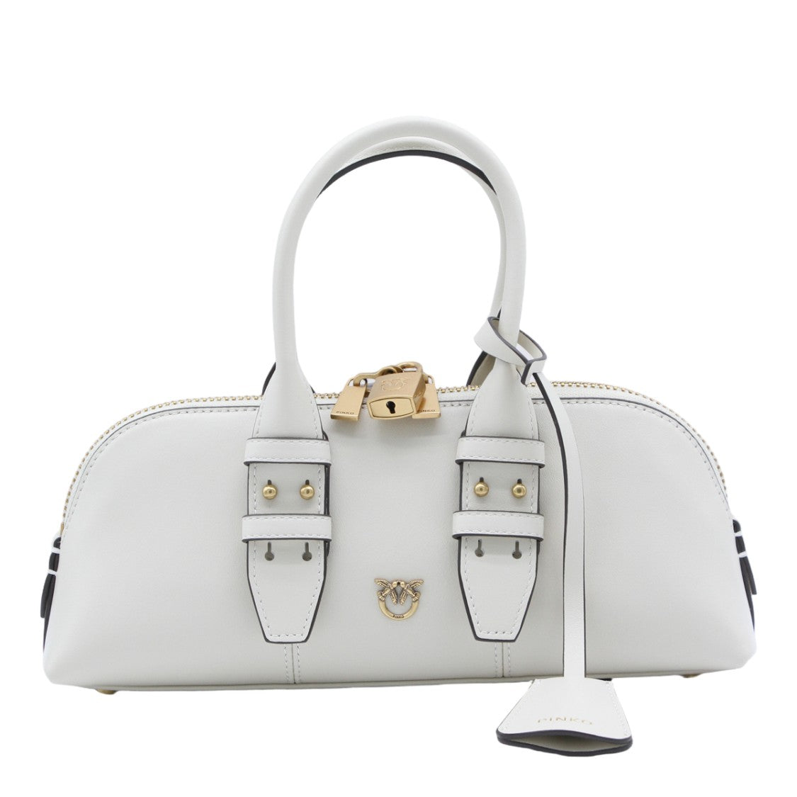 Pinko Elongated White Handbag With Gold Accents And Structured Handles