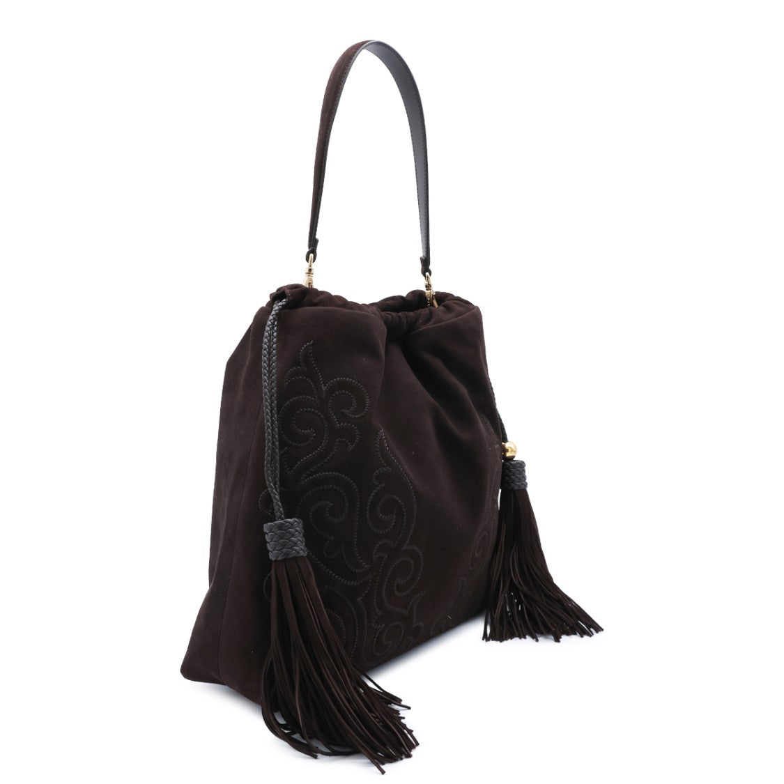 Etro Intricately Embroidered Brown Suede Shoulder Bag