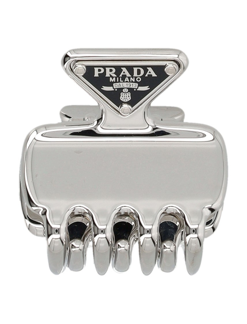 Prada Polished Silver Metal Hair Clip With Triangular Emblem