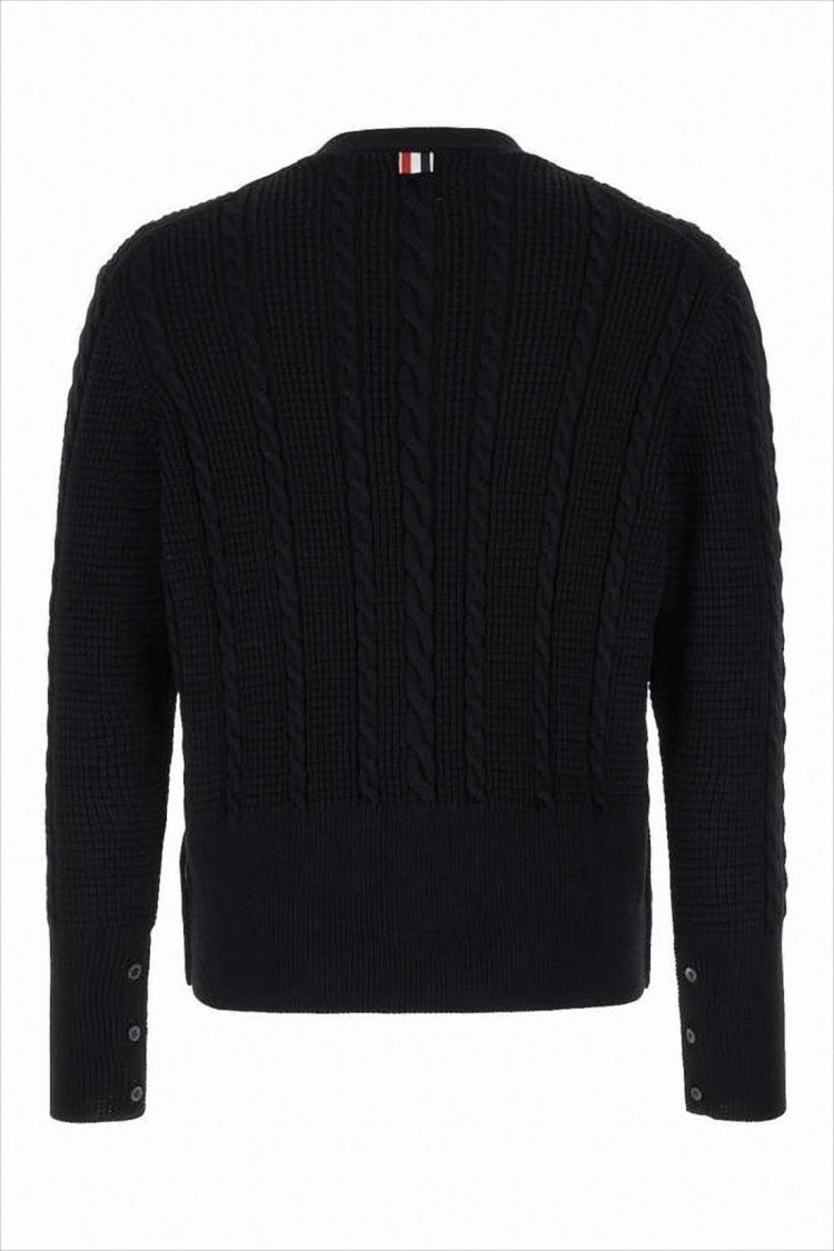 Thom Browne Textured Knit Cardigan With Deep V-Neckline And Decorative Buttons