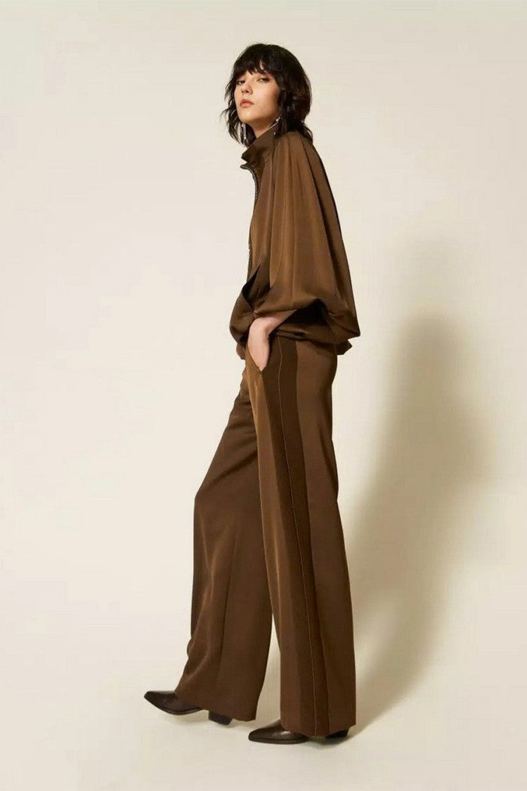Twin-Set Brown Elastic Waist Side Stripe Polyester Wide-Leg Pants