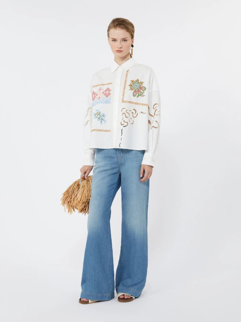 Max Mara Intricately Embroidered White Button-Up Shirt With Cropped Fit