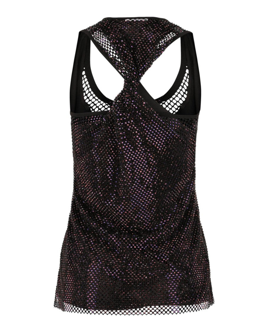 Ferragamo Crystal-Embellished Mesh Tank Top With Twisted Back Design