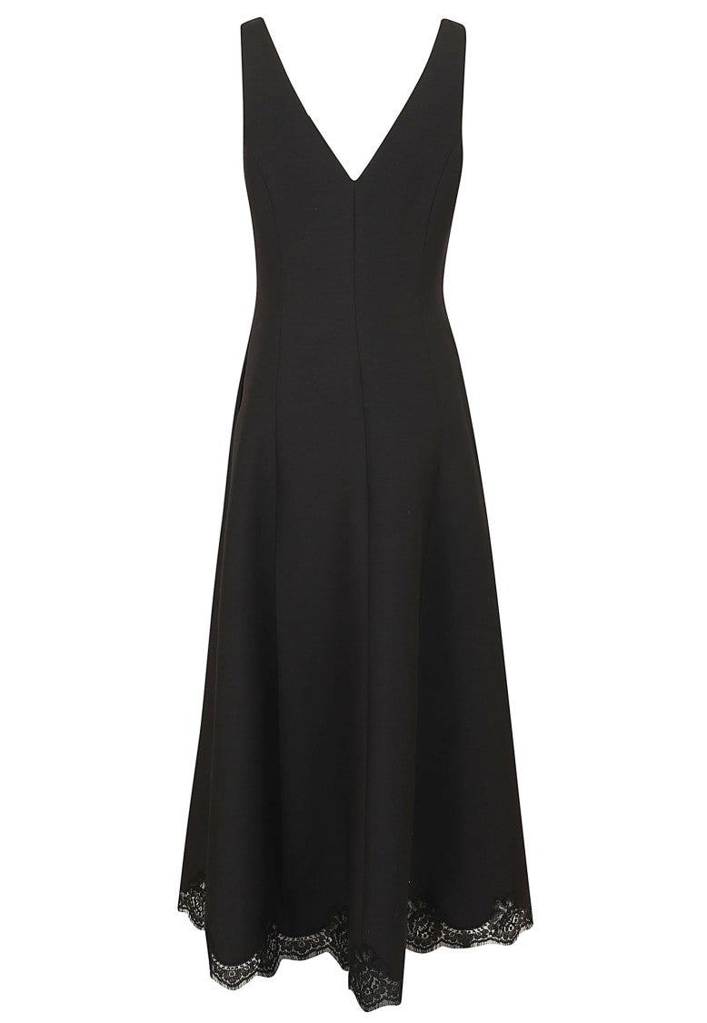 Valentino Garavani Crepe Midi Dress With Deep V Neckline And Lace Trim
