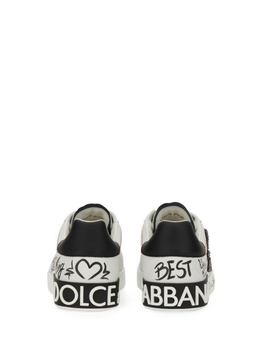 Dolce & Gabbana White Portfino Graffiti Printed Leather Sneakers