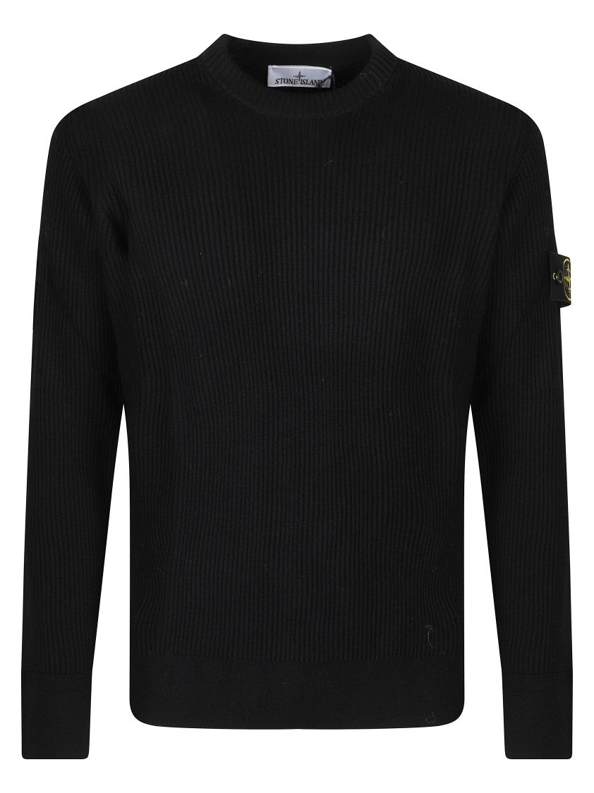 Stone Island Ribbed Textured Black Sweater With Distinctive Logo Patch