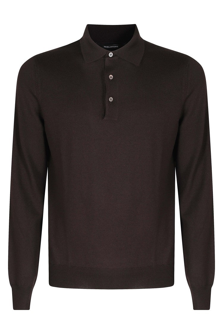 Tagliatore Brown Long-Sleeve Merino Wool Polo Shirt