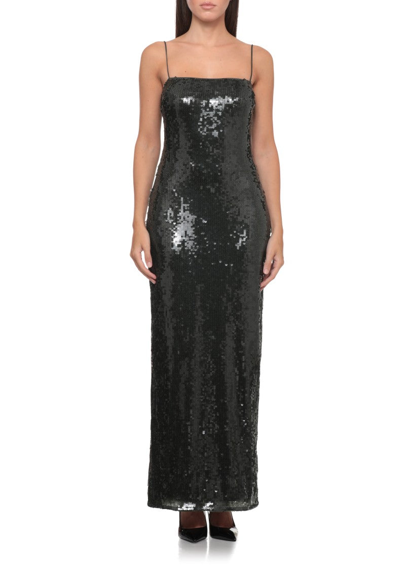Rotate All-Over Sequin Olive Green Maxi Dress With Shoulder Pads