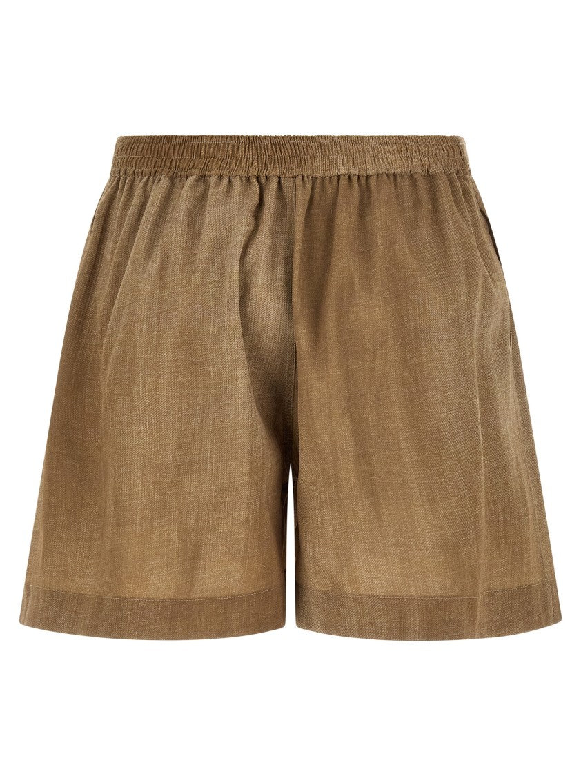 Ermanno Scervino Sand Denim Print Marocain Shorts With Double Front Pincer Design