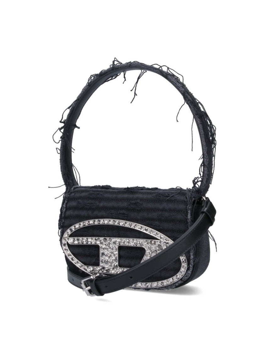 Diesel Quilted Black Cotton Shoulder Bag With Fringe And Rhinestone Details