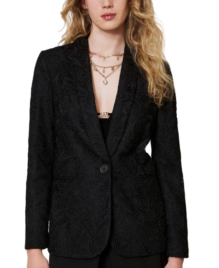 Twin-Set Black Paisley Macramé Lace Crêpe De Chine Lined Blazer