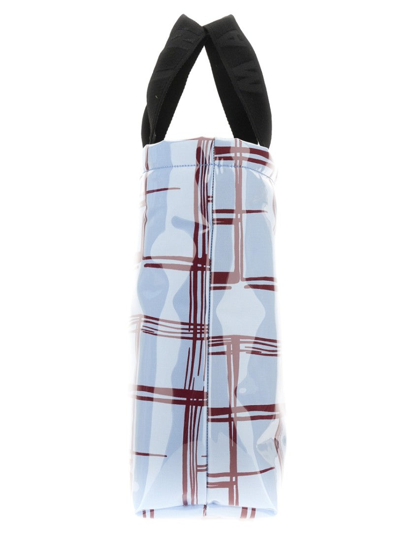 Marni Glossy Coated Canvas Tote Bag With Double Handles And Plaid Pattern