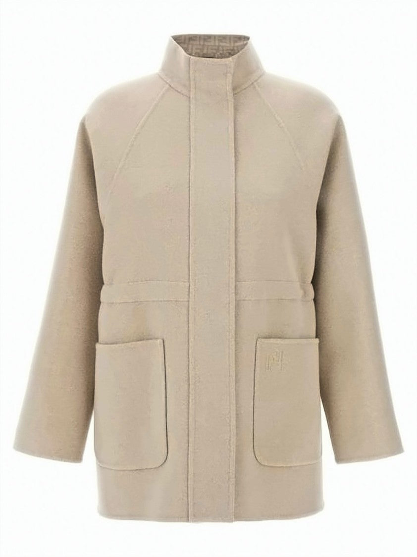 Fendi High Collar Beige Wool-Silk Blend Jacket With Monogram Accents