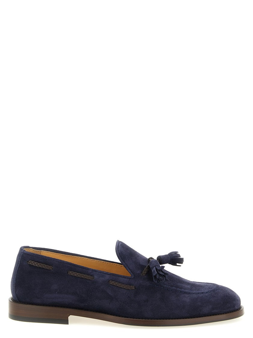 Brunello Cucinelli Suede Blue Moccasins With Woven Leather And Suede Tassels