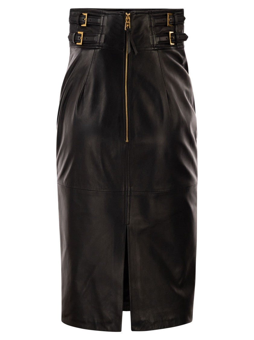 Elisabetta Franchi Midi Leather Skirt With Embossed Logo