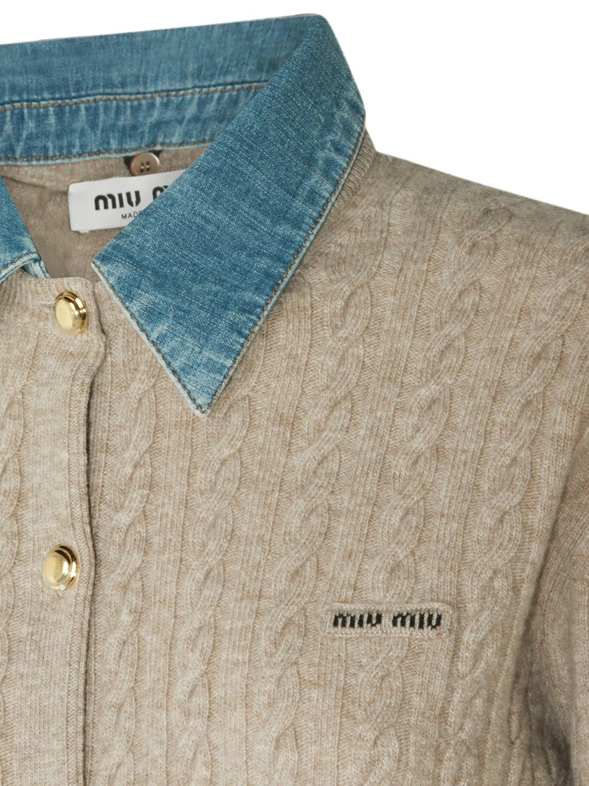 Miu Miu Cable Knit Wool Cashmere Cardigan With Denim Collar