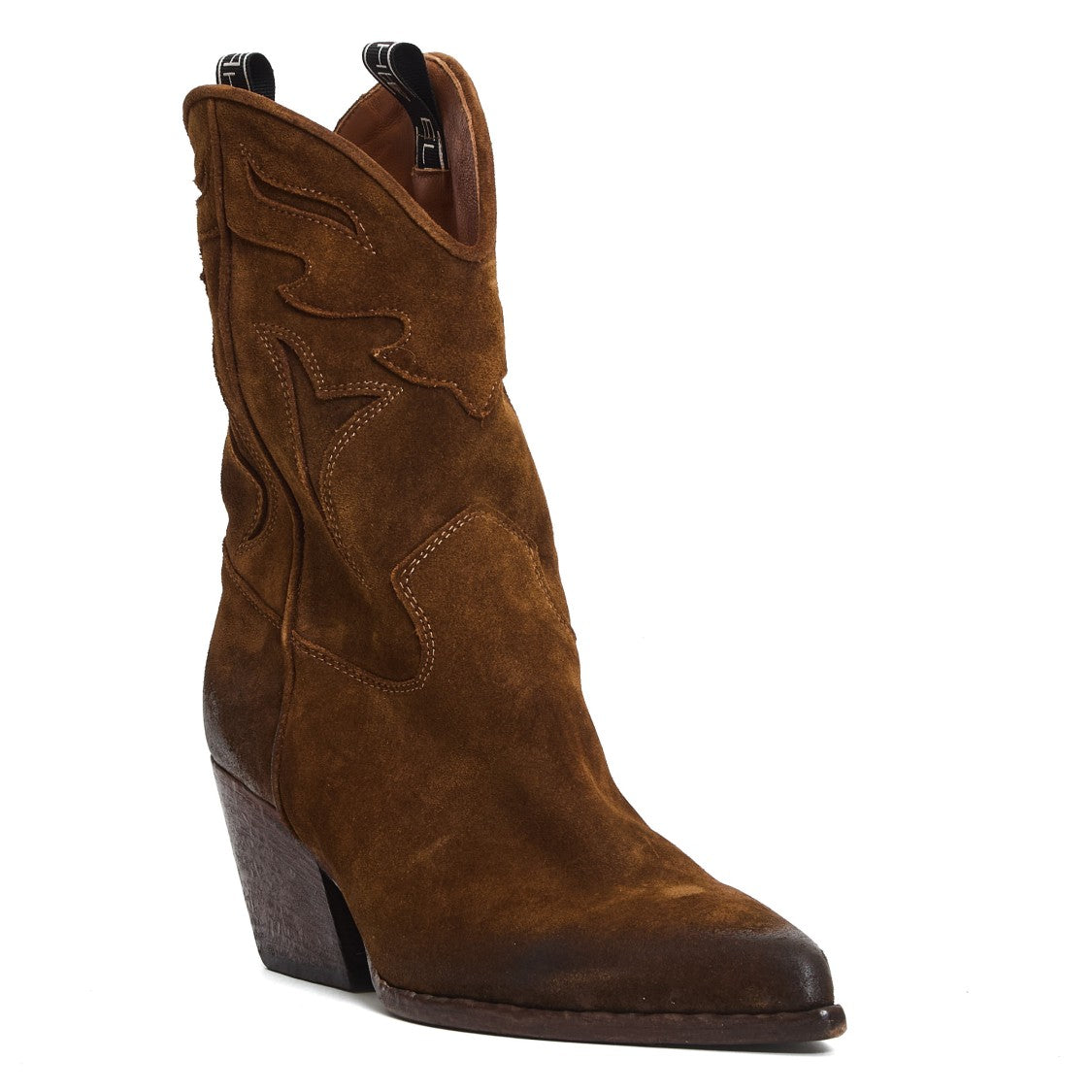 Elena Iachi Ankle-High Western Boots In Washed Cognac Suede