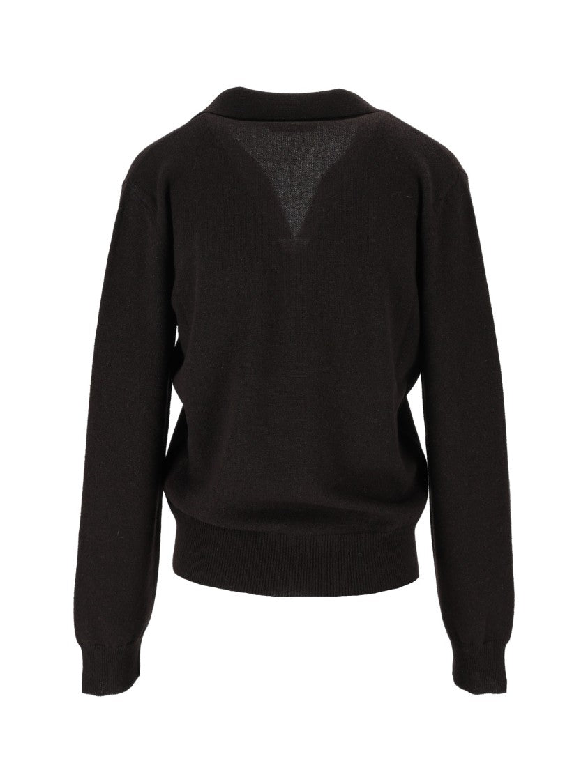 Kangra Cashmere Black Long-Sleeve Open V-Neck Polo Shirt