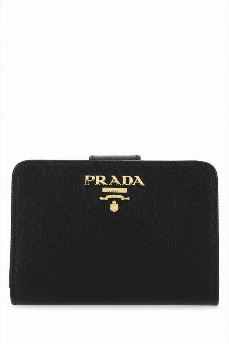 Prada Textured Calf Leather Wallet With Snap Closure And Metallic Logo