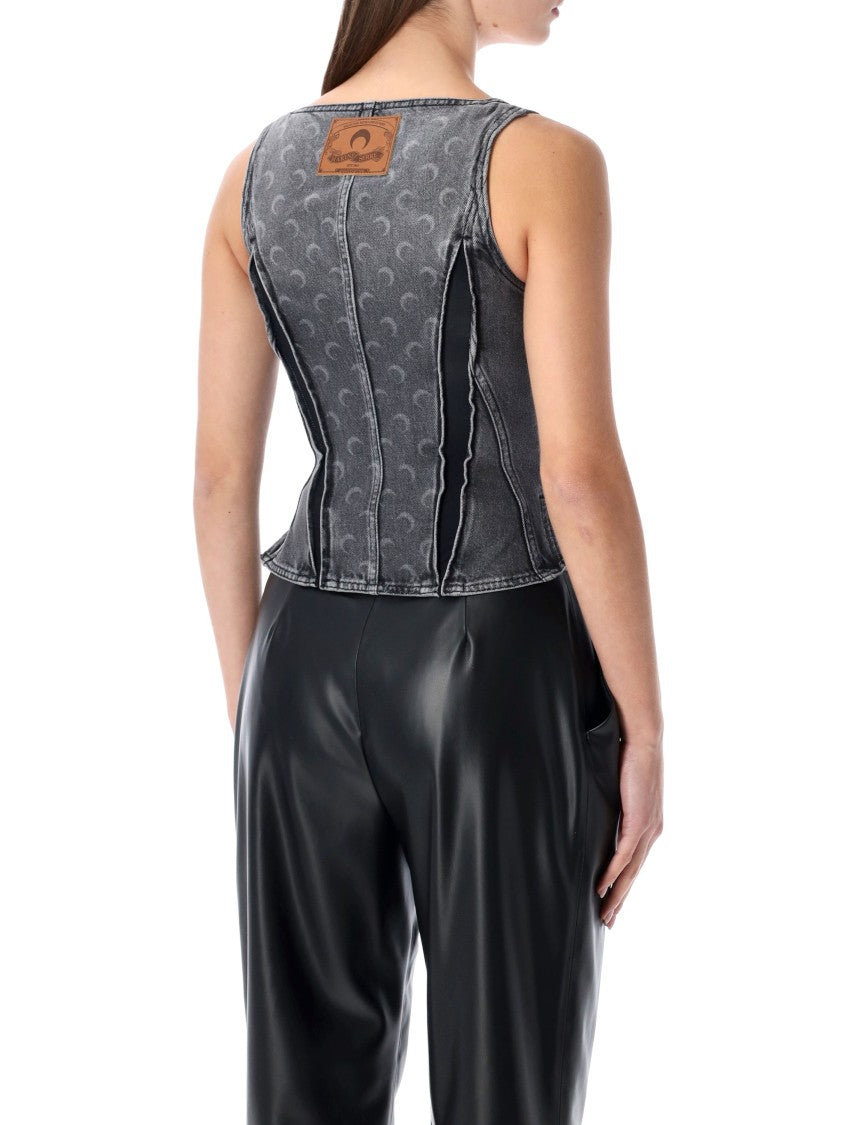 Marine Serre Moon Laser Grey Washed Denim Bustier Top