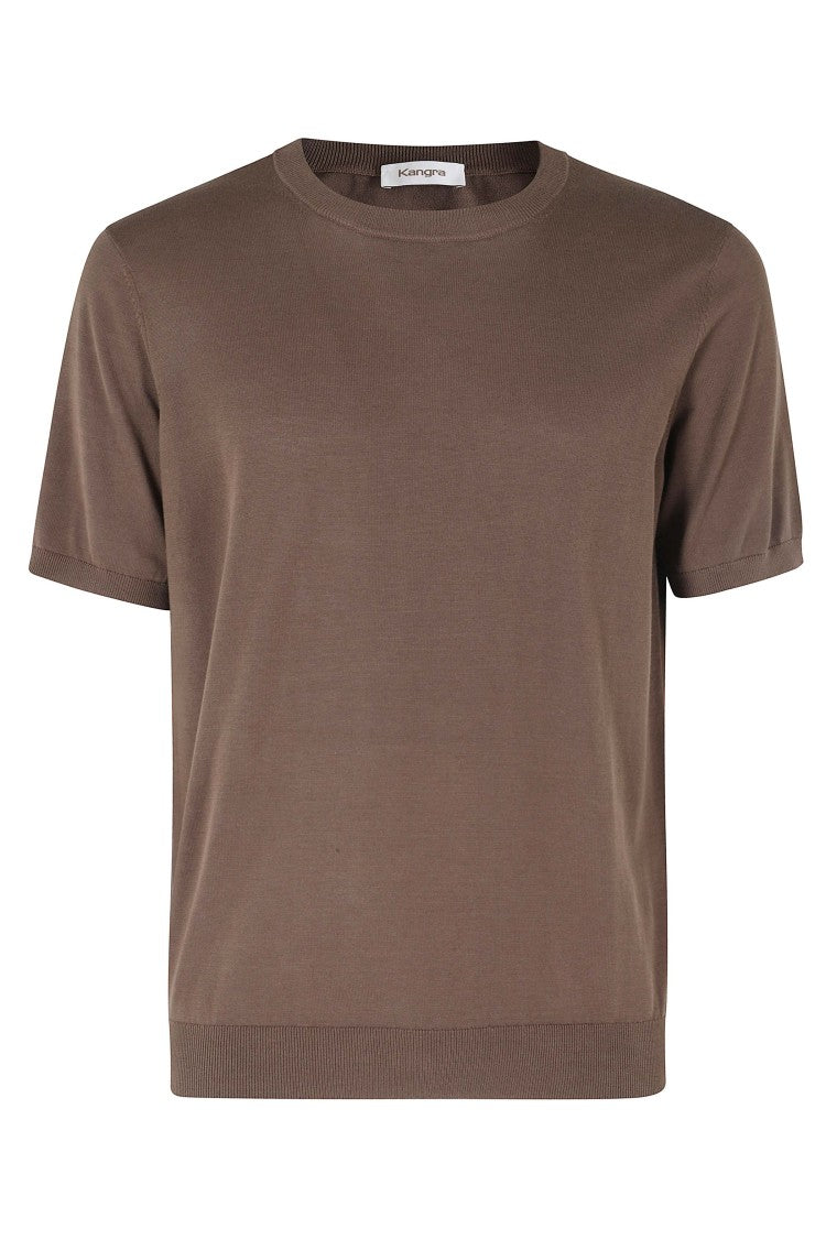 Kangra Coffee Single Thread Ribbed Trim Short Sleeve Cotton Knit T-Shirt
