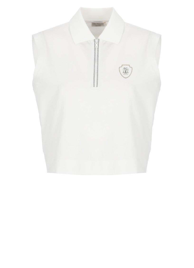 Brunello Cucinelli Sleeveless White Cotton Polo Shirt