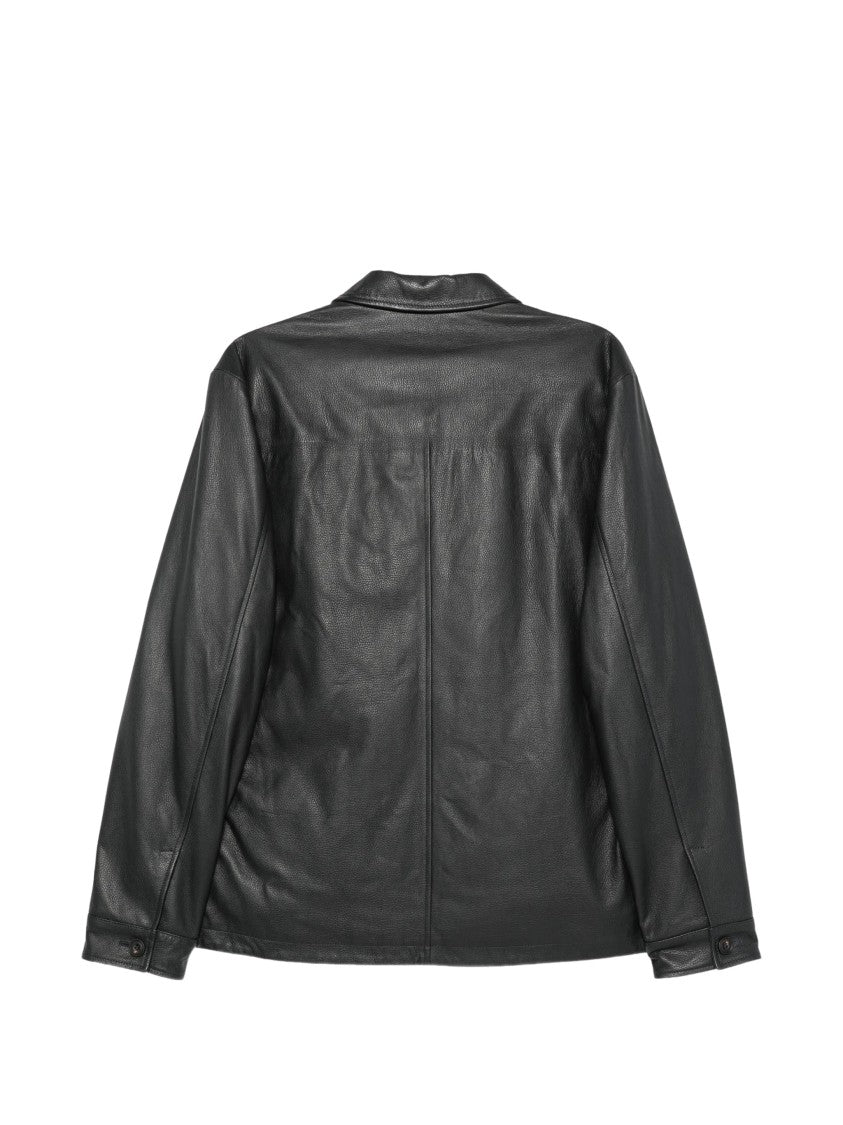Corneliani Grained Black Calf Leather Zip Jacket