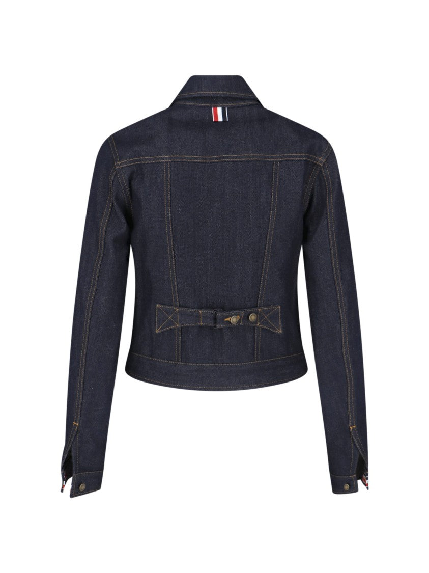 Thom Browne Blue Cropped Structured Denim Logo Jacket