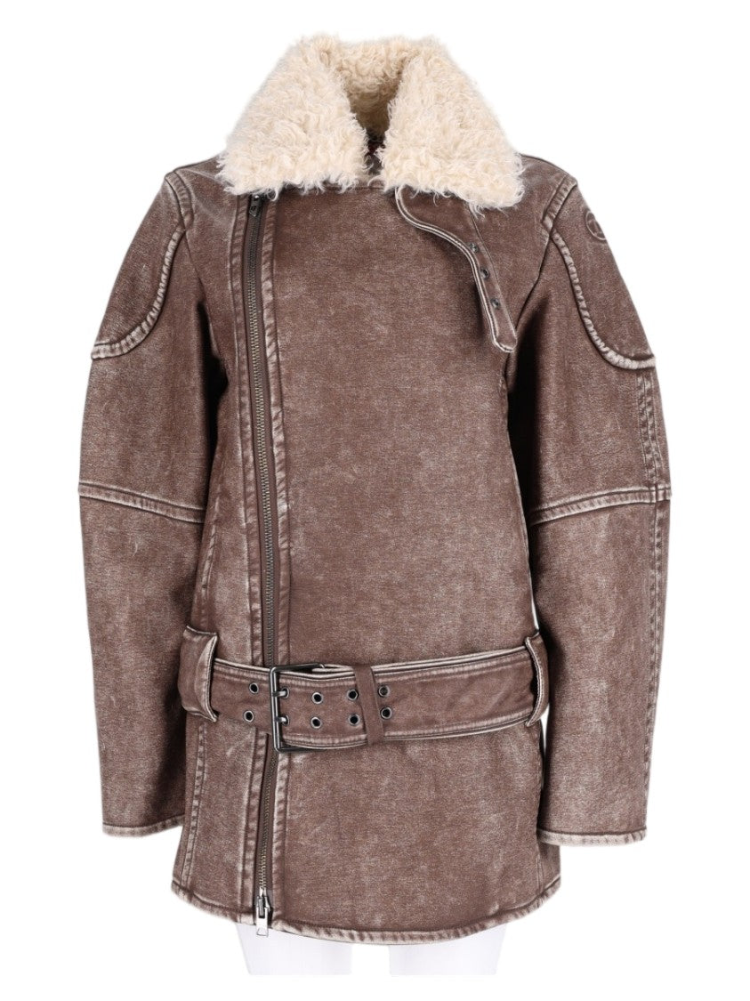 Diesel Brown Distressed Shearling-Collar Polyurethane Jacket