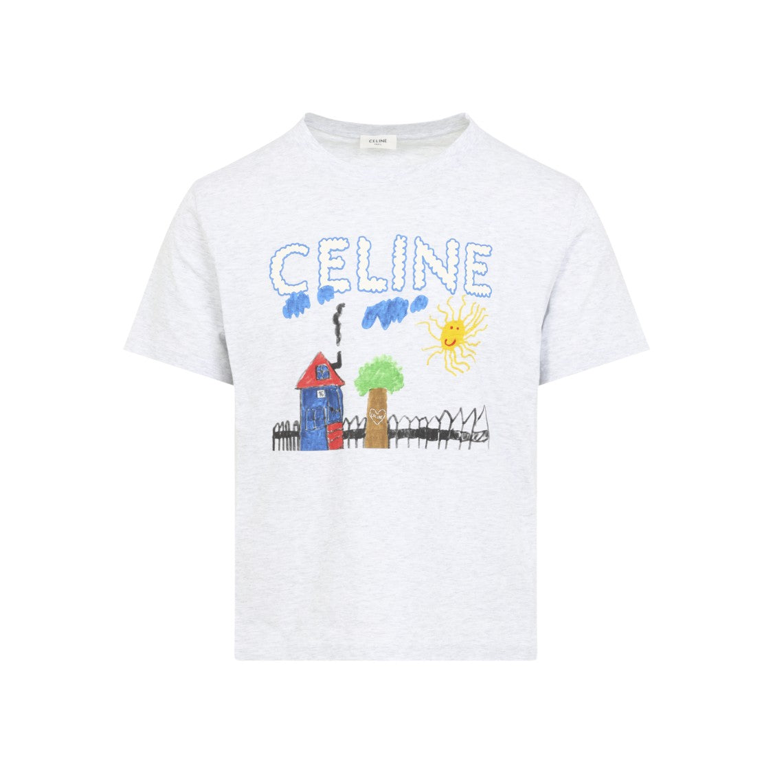 Celine Light Grey Mélange Cotton T-Shirt With Hand-Drawn Graphic
