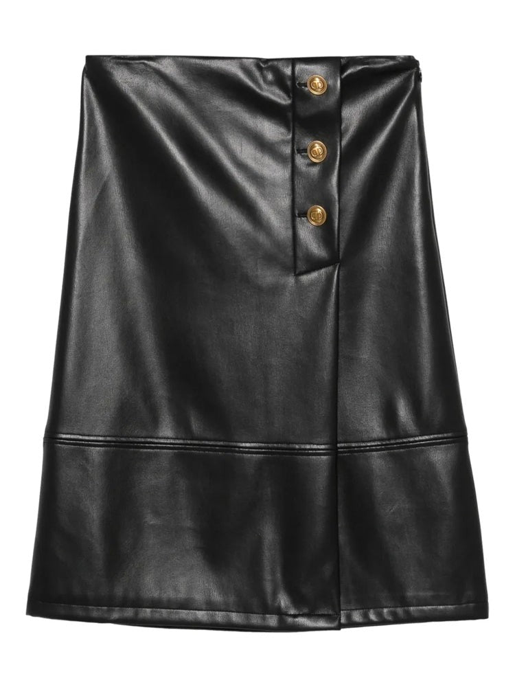 Twin-Set Asymmetrical Black Midi Skirt With Gold-Tone Buttons And Structured Hem