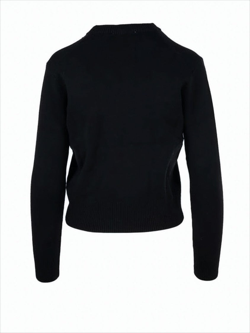 Ami Cropped Black Merino Wool Sweater With Embroidered Heart
