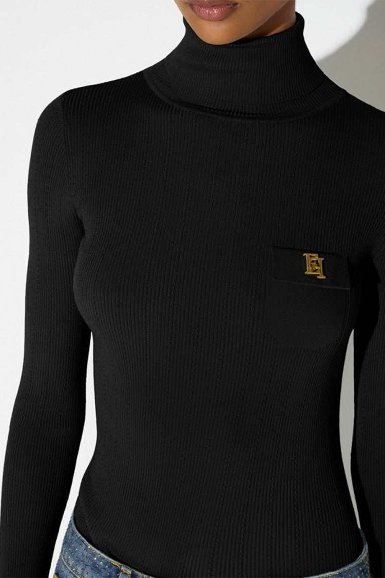 Elisabetta Franchi Black Ribbed Logo Patch Pocket Lyocell-Blend Turtleneck Sweater
