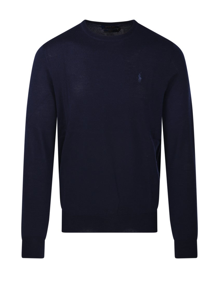 Polo Ralph Lauren Classic Black Wool Round Neck Sweater With Ribbed Cuffs