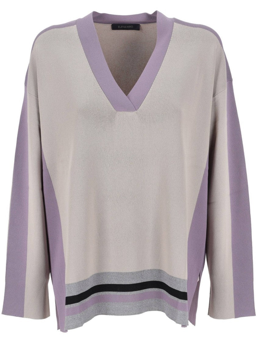 Elena Miro` Loose-Fitting V-Neck Top With Lilac Panels And Striped Accents