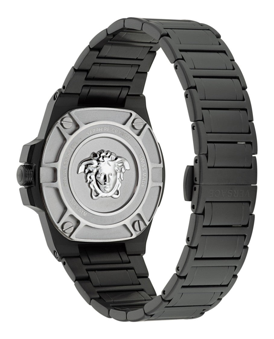 Versace Greca Reaction Bracelet Watch With Textured Black Guilloche Dial
