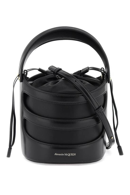Alexander Mcqueen Structured Black Sheepskin Bucket Bag With Padded Leather Bands