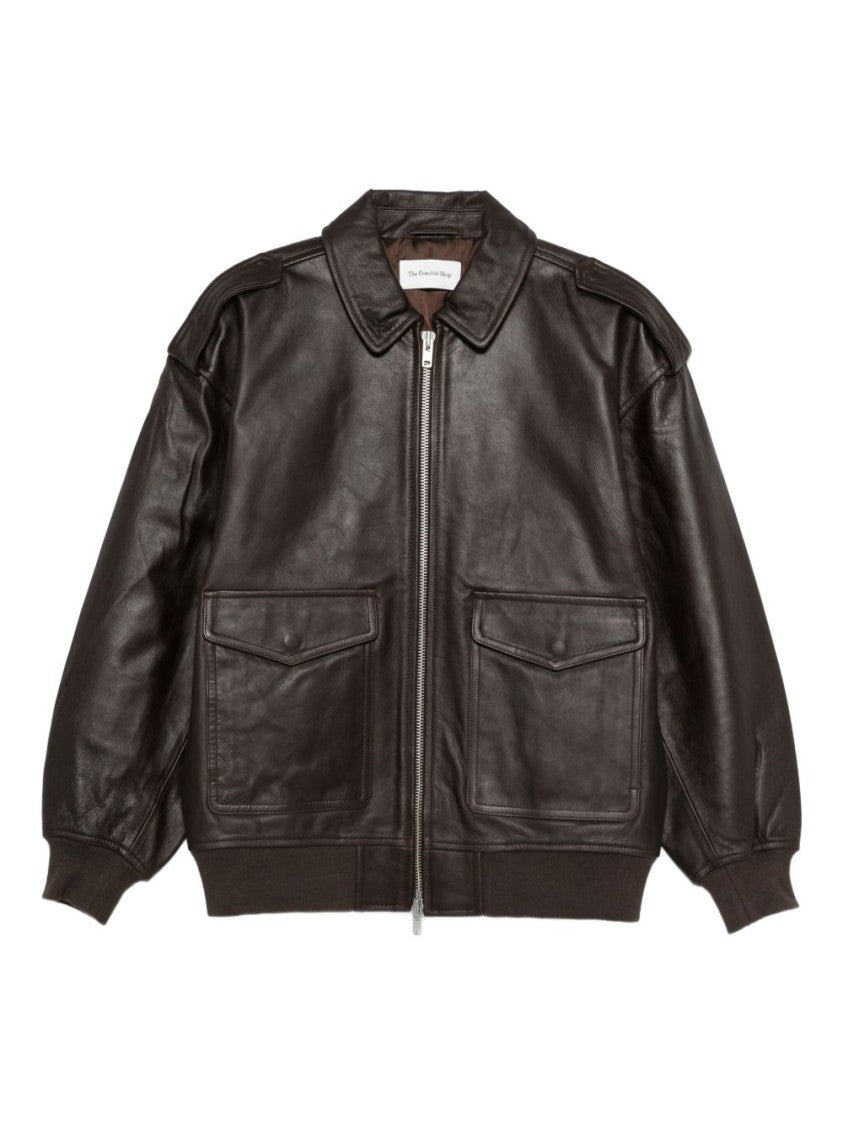 The Frankie Shop Brown Shoulder Epaulettes Leather Leather Jacket