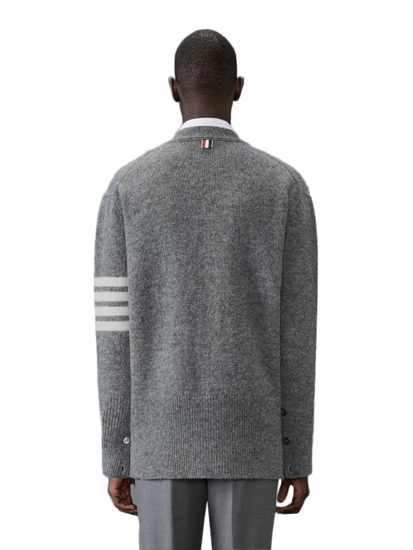 Thom Browne Grey Wool Cardigan With Unique Striped Detail