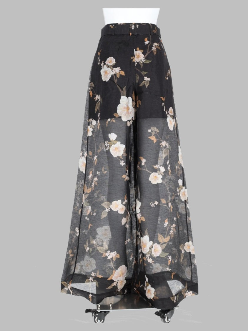 Zimmermann Black Floral Sheer Overlay Linen-Silk Wide-Leg Pants