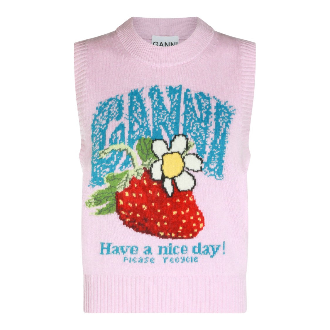Ganni Playful Knit Sweater With Strawberry And Floral Print