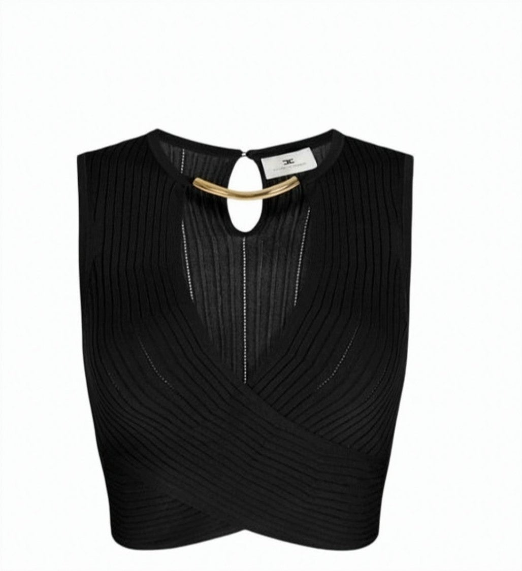 Elisabetta Franchi Sleeveless Perforated Ribbed Knitted Jewel Top