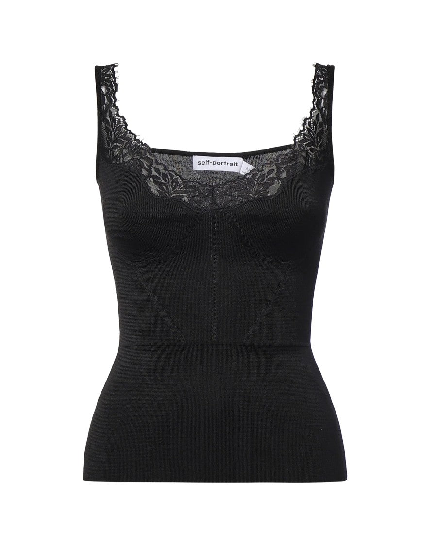 Self-Portrait Sweetheart Neckline Lace Trim Ribbed Knit Top