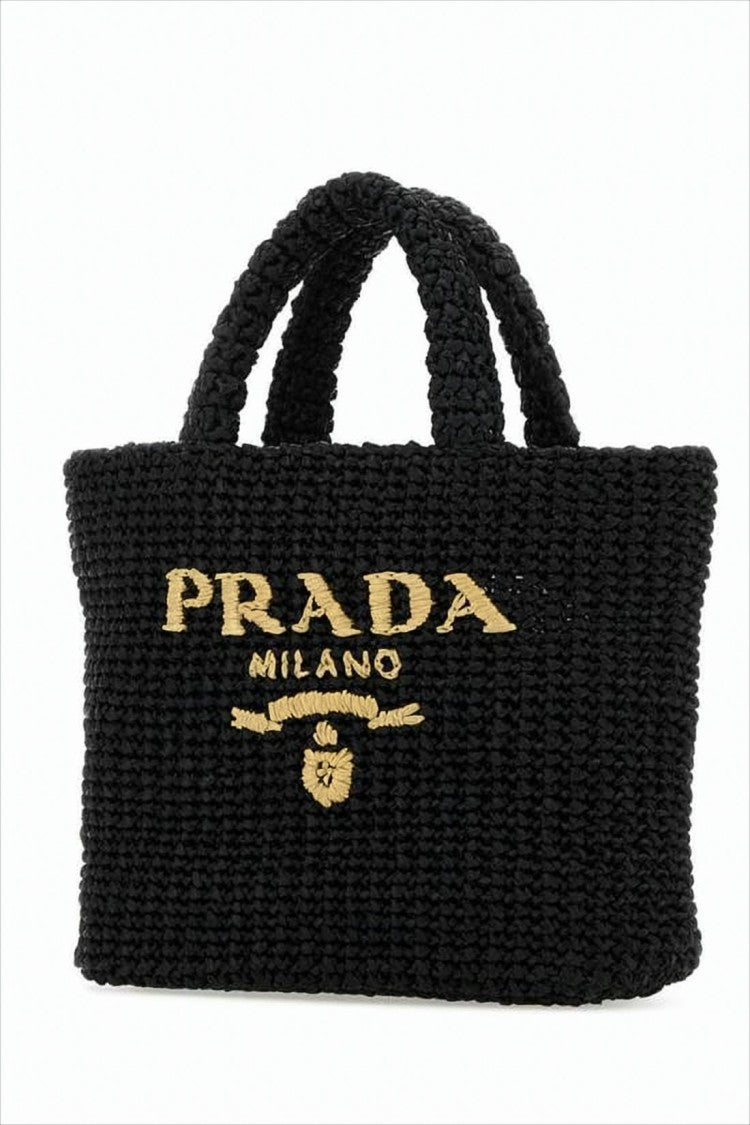 Prada Woven Raffia Tote Bag With Embroidered Logo Detail