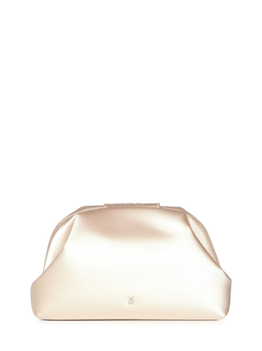 Amina Muaddi Champagne Satin Clutch With Rectangular Mirrored Accent