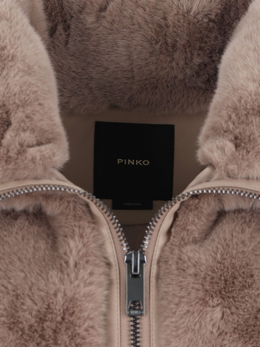 Pinko High Collar Faux Fur Vest In Beige