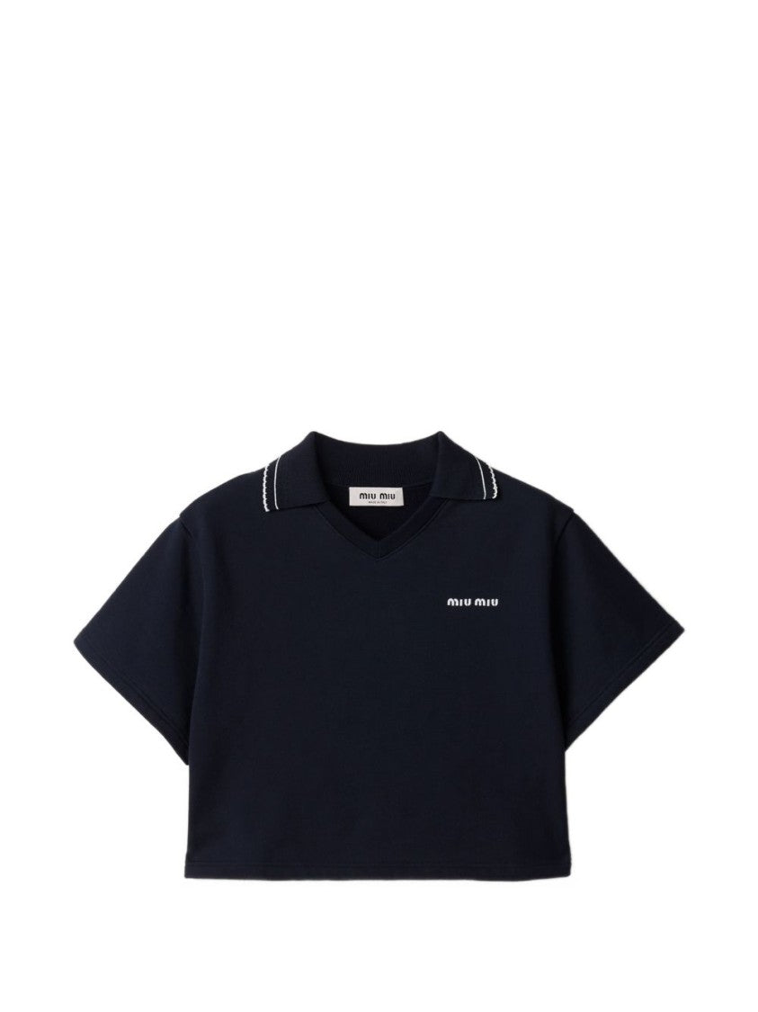 Miu Miu Black Cropped Boxy V-Neck Embroidered Sweater