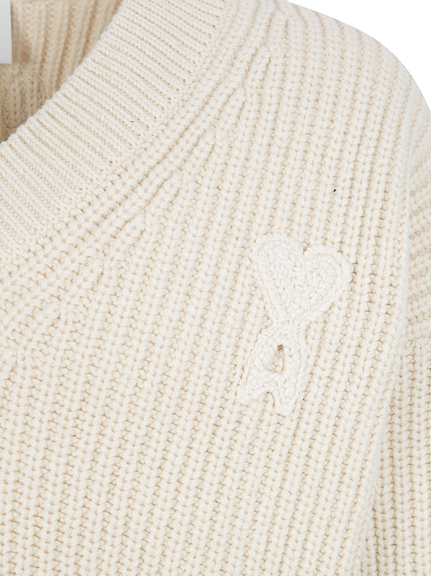 Ami Paris Ribbed Knitted Sweater With V-Neckline And Crochet Accents