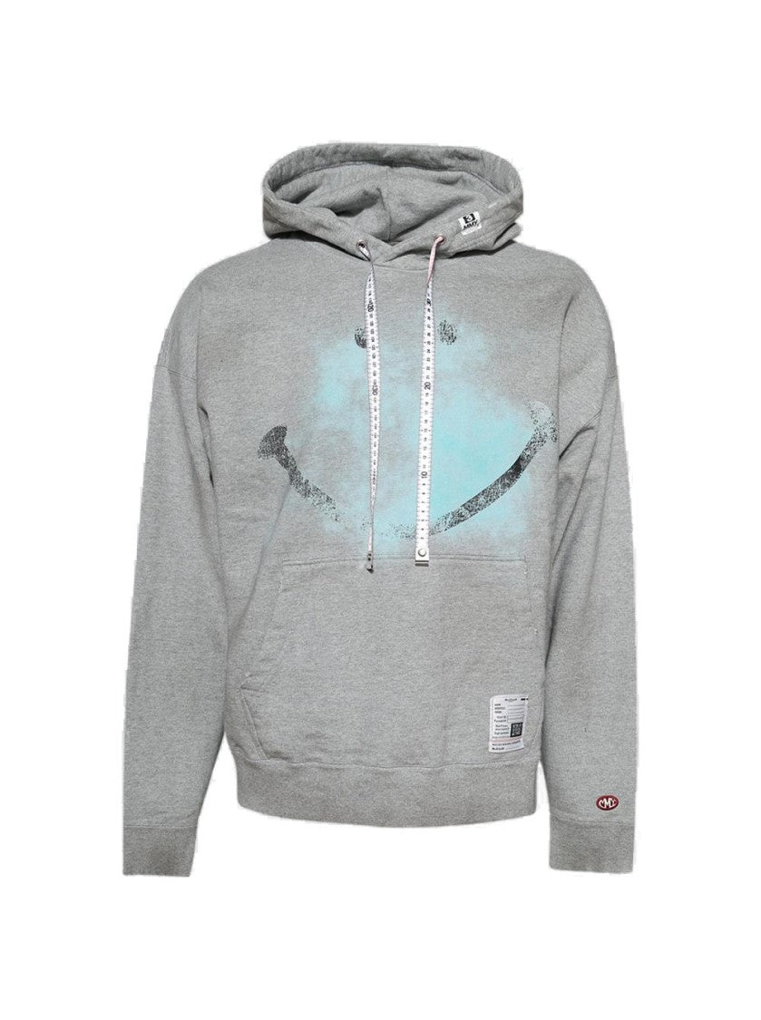 Maison Mihara Yasuhiro Smily Face Printed Distressed Hoodie Grey