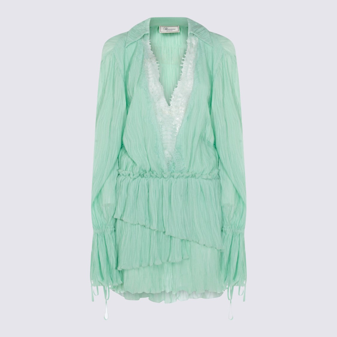 Blumarine Pleated V-Neck Mini Dress With Lace Trim